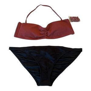 J. Crew Chi Terra Cotta Scrunchie sweetheart bikini top & Black Hipster Bottoms